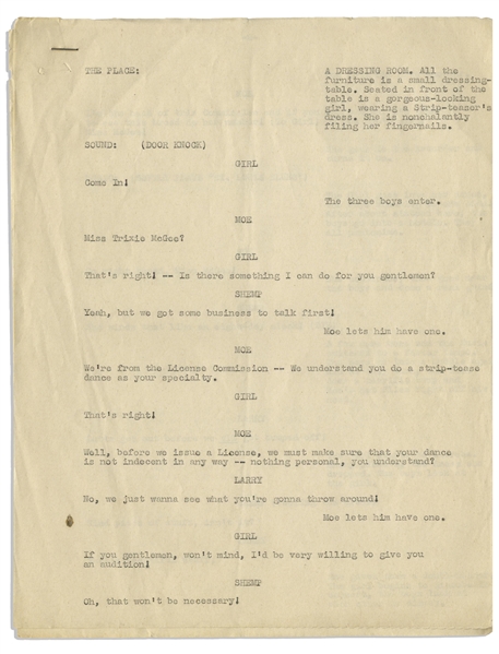 Moe Howard's 3pp. Script for a Sketch Involving a Burlesque Girl -- Circa October 1952 -- Very Good Condition